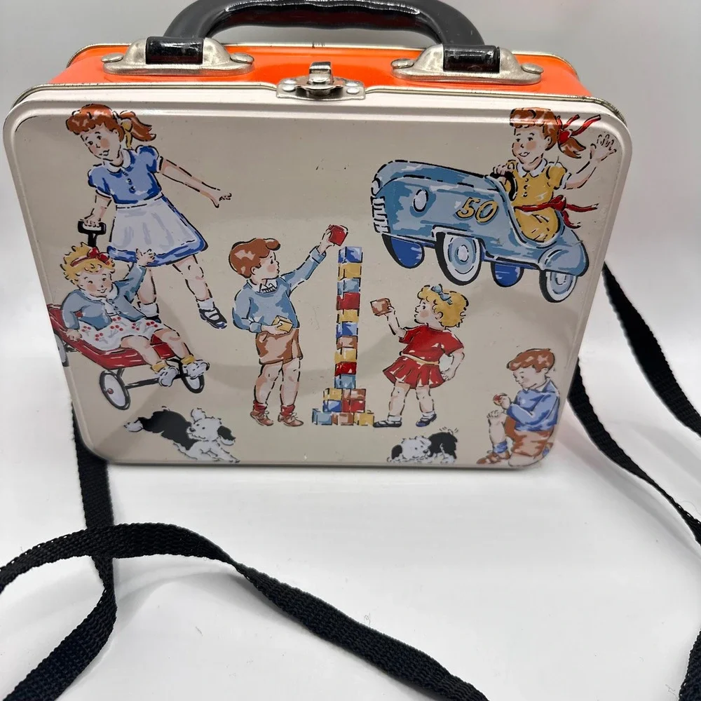 Vintage Style Metal Lunch Box Children Playing Illustration Orange Tin Tote Bag